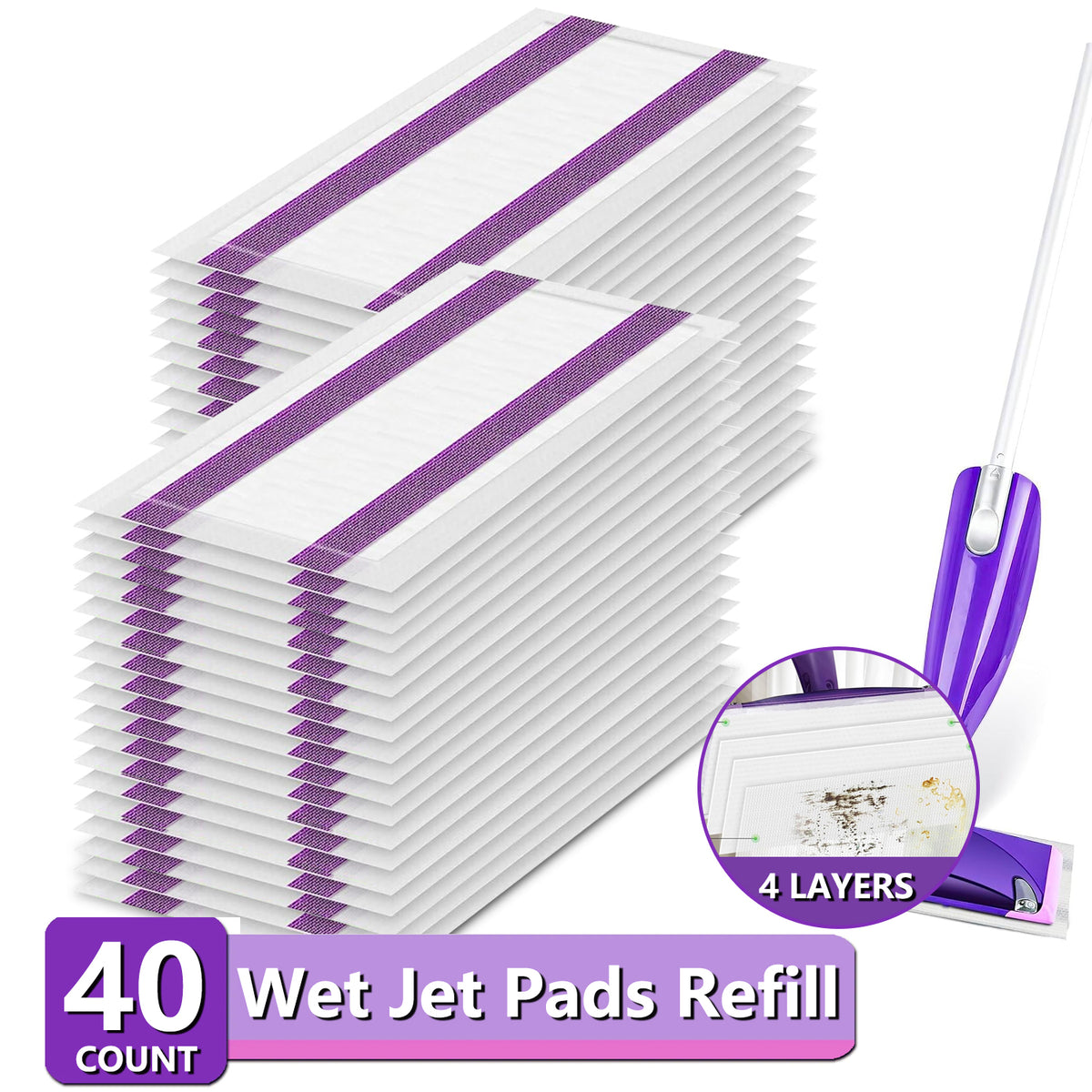 ZQZiQi Disposable WetJet Mopping Pad Refills for Swiffer Spray Mop, Wet & Dry Multi-Surface Absorbent Replacement Cleaning Pads, 40-Count
