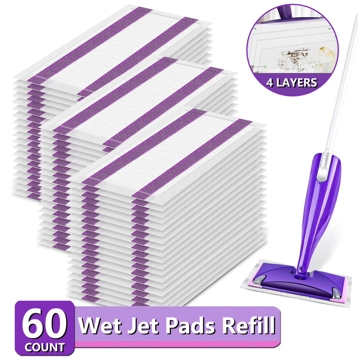ZQZiQi Disposable WetJet Mopping Pad Refills for Swiffer Spray Mop, Wet & Dry Multi-Surface Absorbent Replacement Cleaning Pads, 60-Count