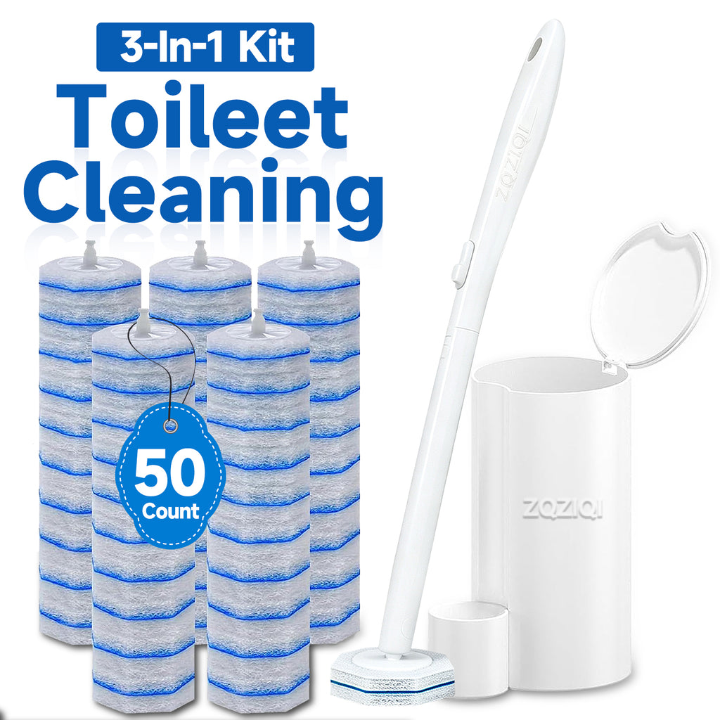 ZQZIQI 3-In-1 Toilet Bowl Brush Kit, 6X Cleaning Power, Firm & No Dropping, Wall-Mountable | Pre-filled Toilet Cleaner, with Holder, Caddy & 50 Refill Heads